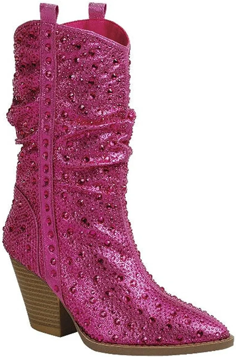 Forever Link Women's Rhinestone Cowboy Boots Western Mid Calf Boots