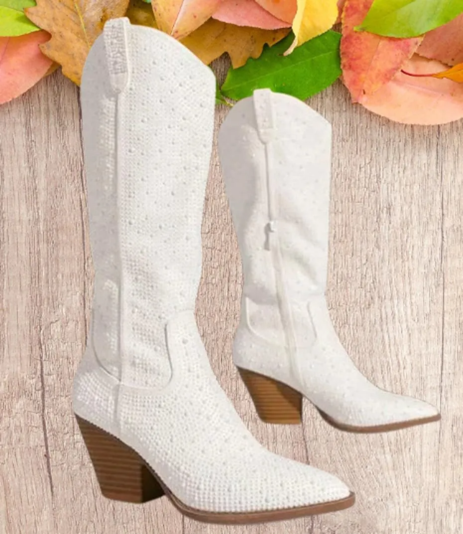 Forever Women Rhinestone Western Cowboy Pointed Toe Knee High Pull-on Boots