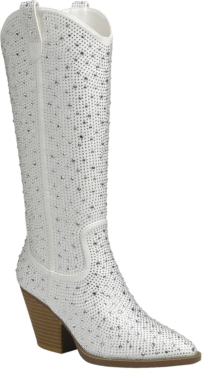 Forever Women Rhinestone Western Cowboy Pointed Toe Knee High Pull-on Boots