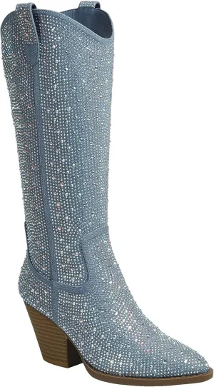 Forever Women Rhinestone Western Cowboy Pointed Toe Knee High Pull-on Boots