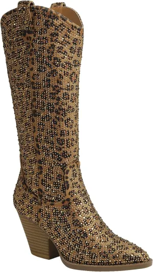 Forever Women Rhinestone Western Cowboy Pointed Toe Knee High Pull-on Boots