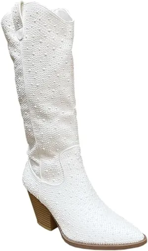 Forever Women Rhinestone Western Cowboy Pointed Toe Knee High Pull-on Boots