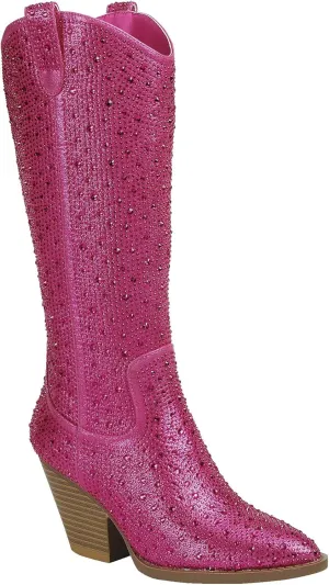 Forever Women Rhinestone Western Cowboy Pointed Toe Knee High Pull-on Boots
