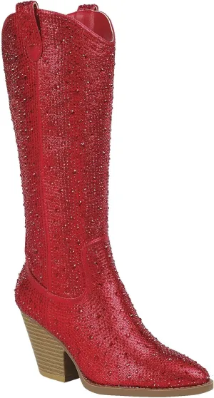 Forever Women Rhinestone Western Cowboy Pointed Toe Knee High Pull-on Boots
