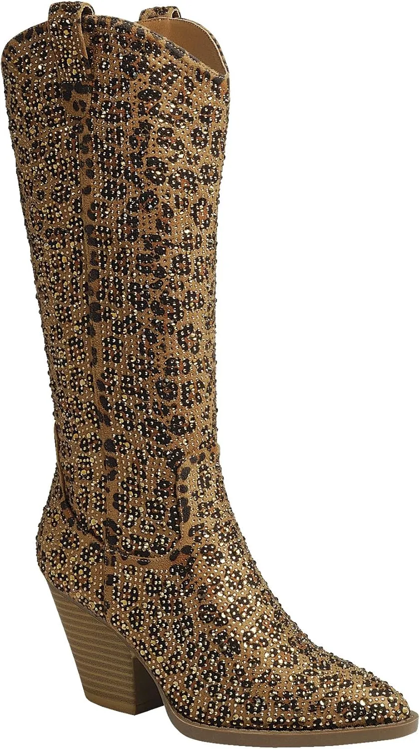Forever Women Rhinestone Western Cowboy Pointed Toe Knee High Pull-on Boots
