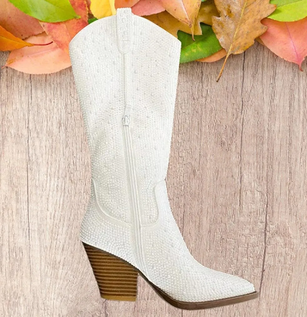 Forever Women Rhinestone Western Cowboy Pointed Toe Knee High Pull-on Boots
