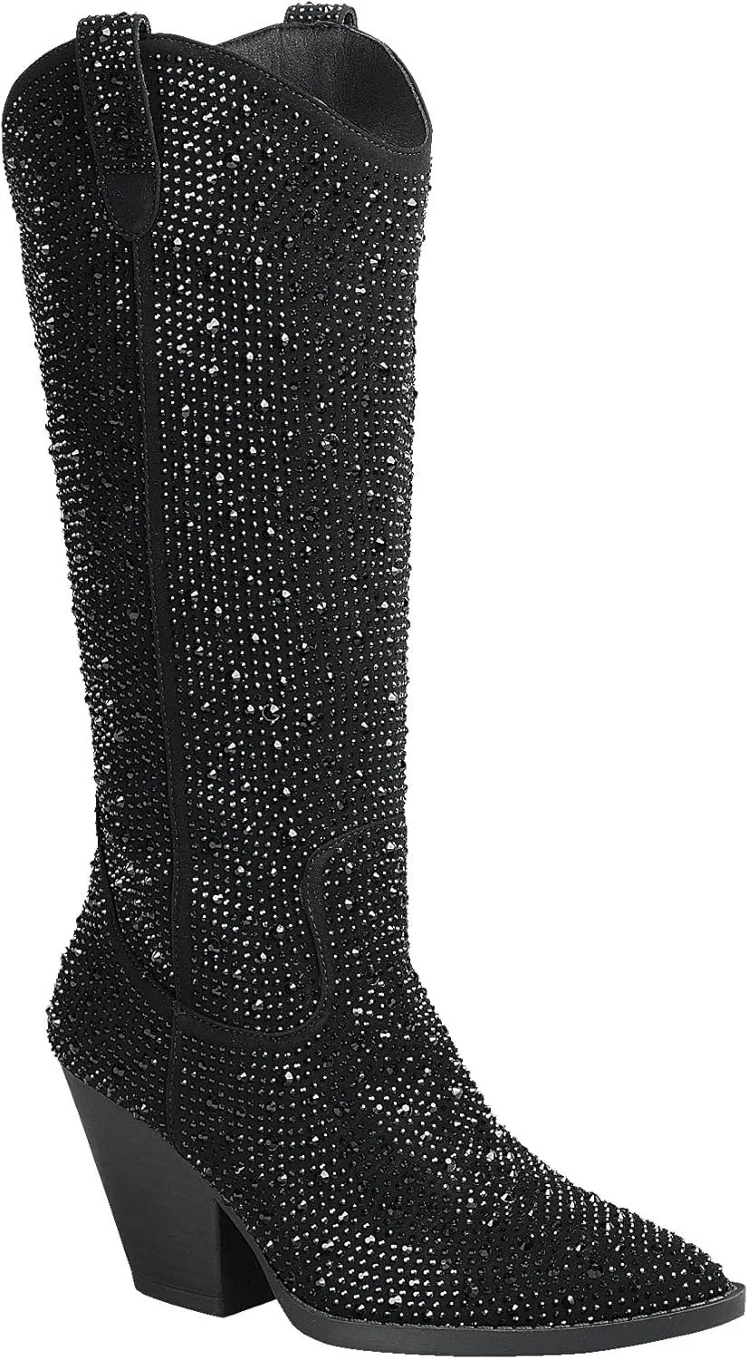 Forever Women Rhinestone Western Cowboy Pointed Toe Knee High Pull-on Boots