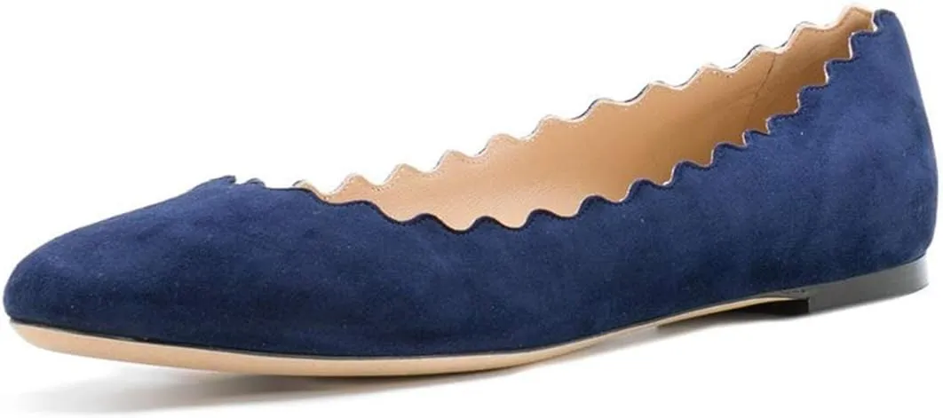 FOWT Suede Classic Round Toe Ballet Flats Wave Pattern Edge Super Low Heel Flat Solid Color Full Size Comfort Party Dress Casual Shoes 4-16 M US