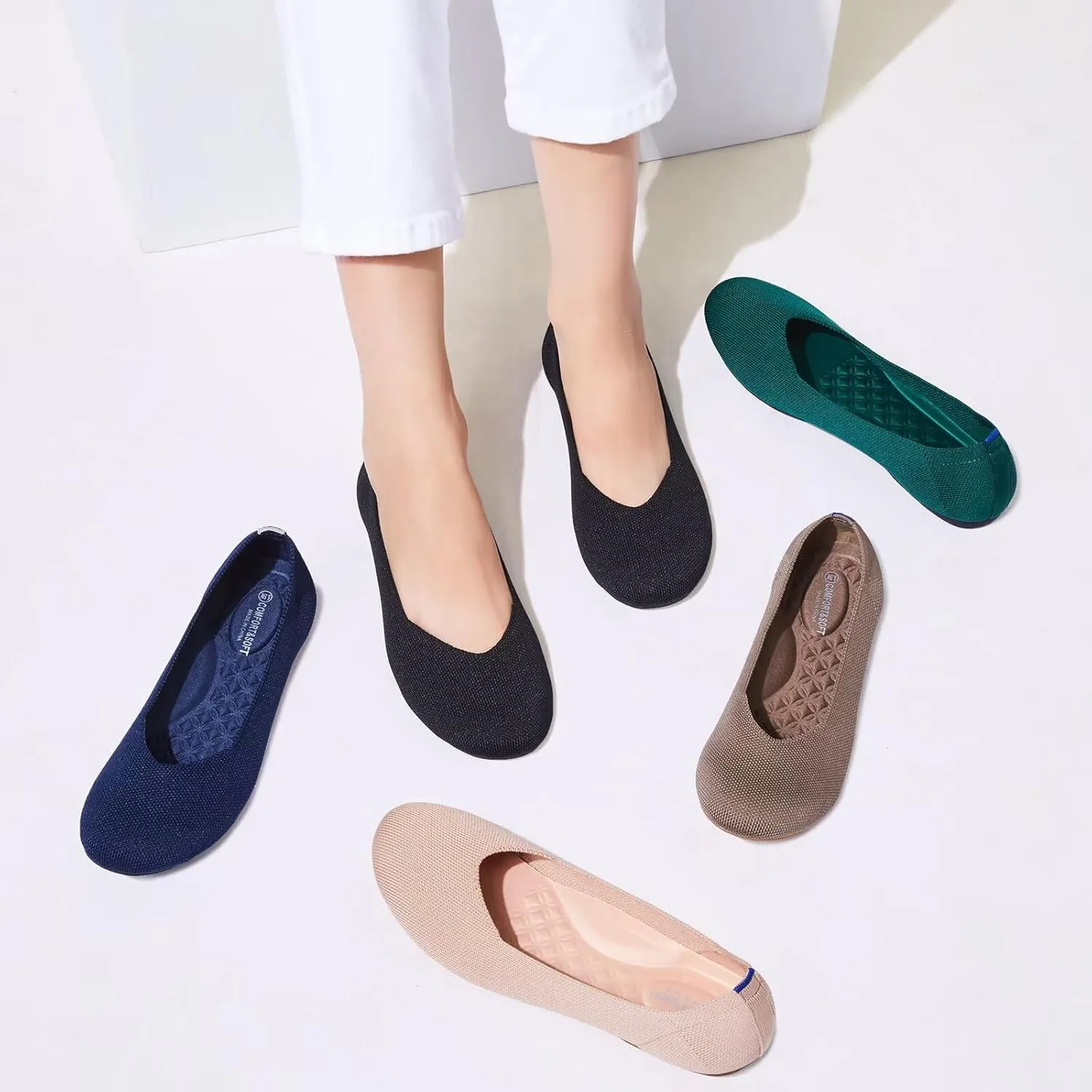 Frank Mully Women's Wide Width Flats Ballet Flats Round Toe Knit Flat Shoes with Arch Support Wide Toe Box