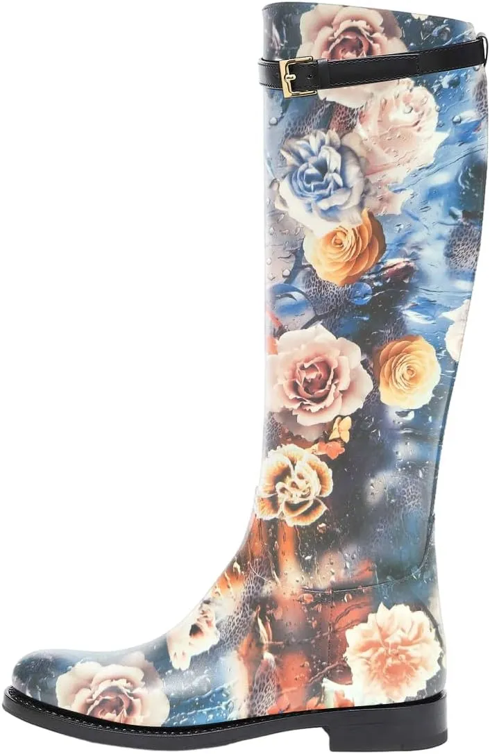 FSJ Women Regular Round Toe Flat Riding Knee High Boots Wide Calf Buckled Strappy Chunky Low Heel Western Long Boots Pull On Sexy Shoes Size 4-15 US