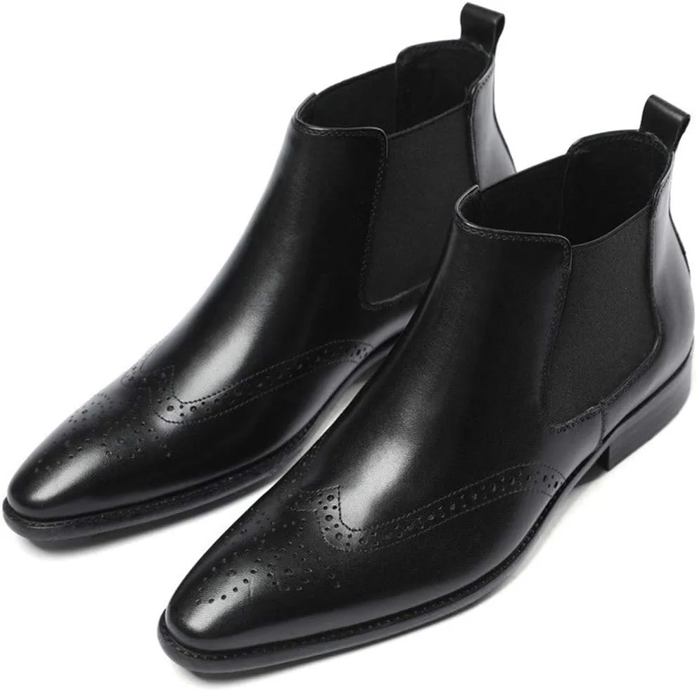Genuine Leather Chelsea Boot for Men Ankle Boot Brogue Carving Pull On Wingtip Flats Heel Pointed Toe Solid Colors