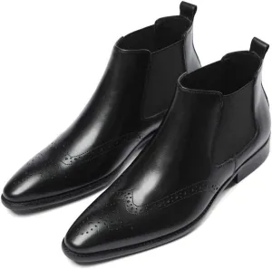 Genuine Leather Chelsea Boot for Men Ankle Boot Brogue Carving Pull On Wingtip Flats Heel Pointed Toe Solid Colors