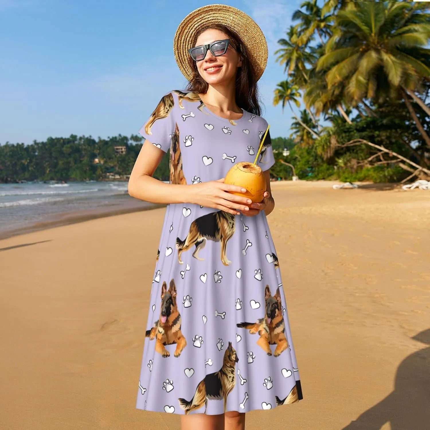 German Shepherd Dog for Women's Casual Short Sleeve Dress with Pockets Dress for Summer,Travel,Lounging-