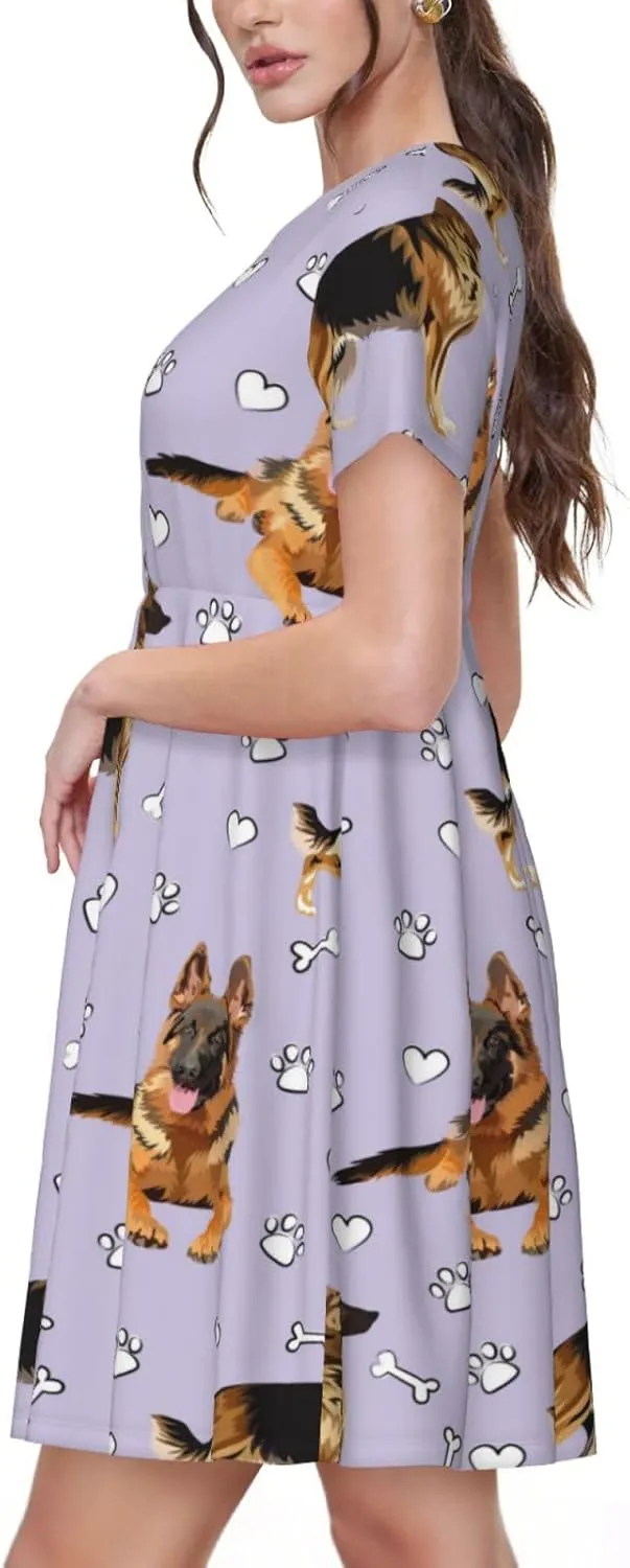 German Shepherd Dog for Women's Casual Short Sleeve Dress with Pockets Dress for Summer,Travel,Lounging-