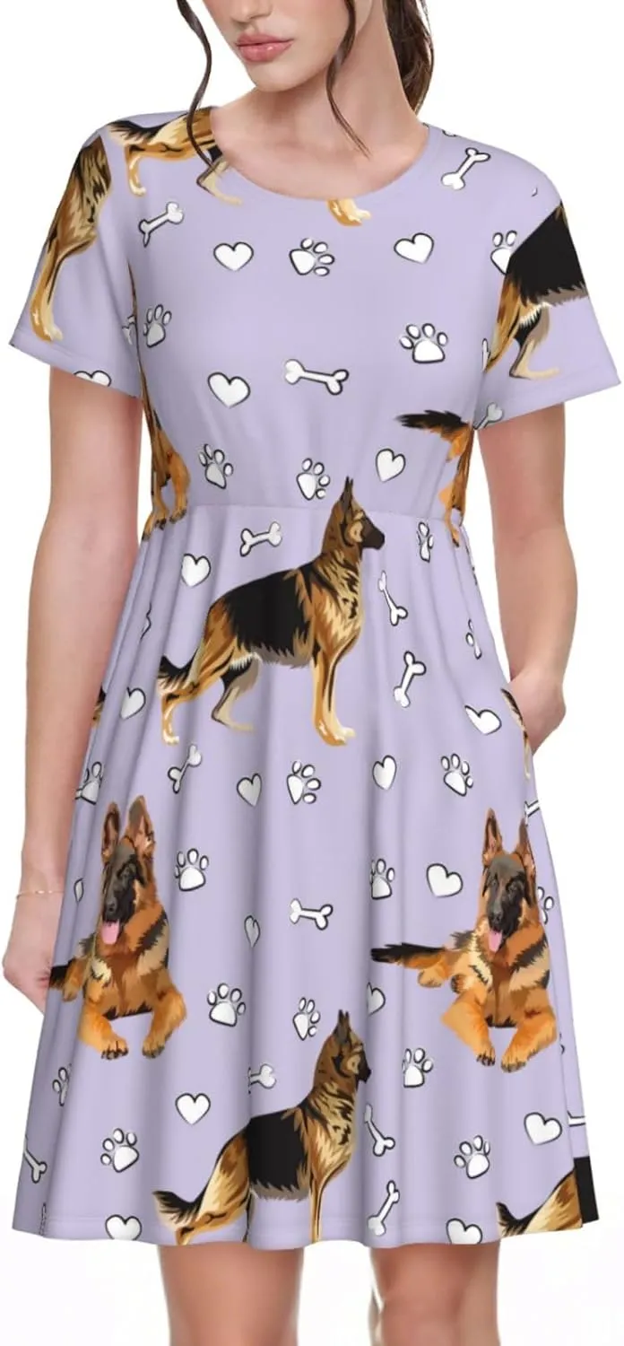 German Shepherd Dog for Women's Casual Short Sleeve Dress with Pockets Dress for Summer,Travel,Lounging-