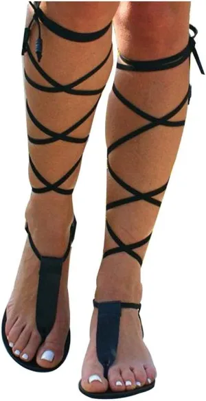 Gibobby Sandals for Women Dressy,Women Gladiator Sandals Flat,Summer Strappy Lace Up Open Toe Knee High Flat Sandal