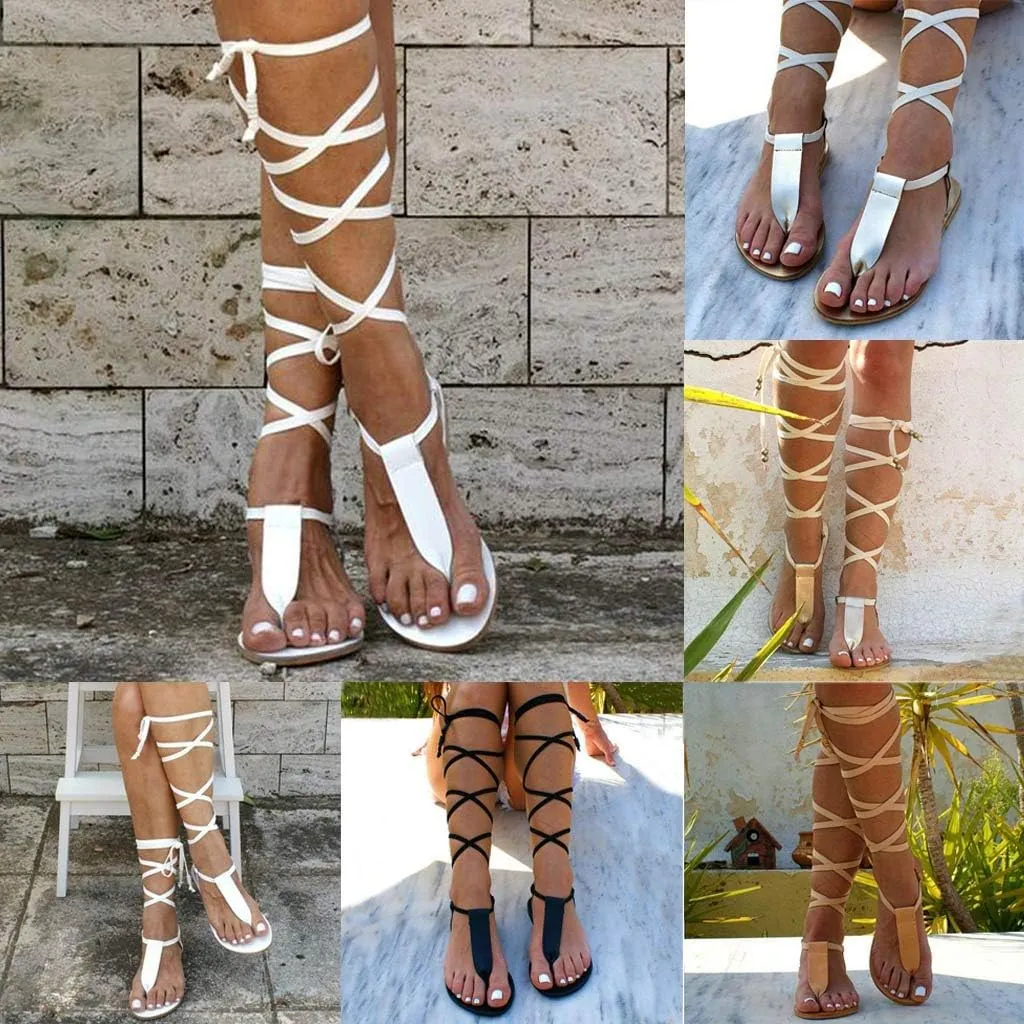 Gibobby Sandals for Women Dressy,Women Gladiator Sandals Flat,Summer Strappy Lace Up Open Toe Knee High Flat Sandal