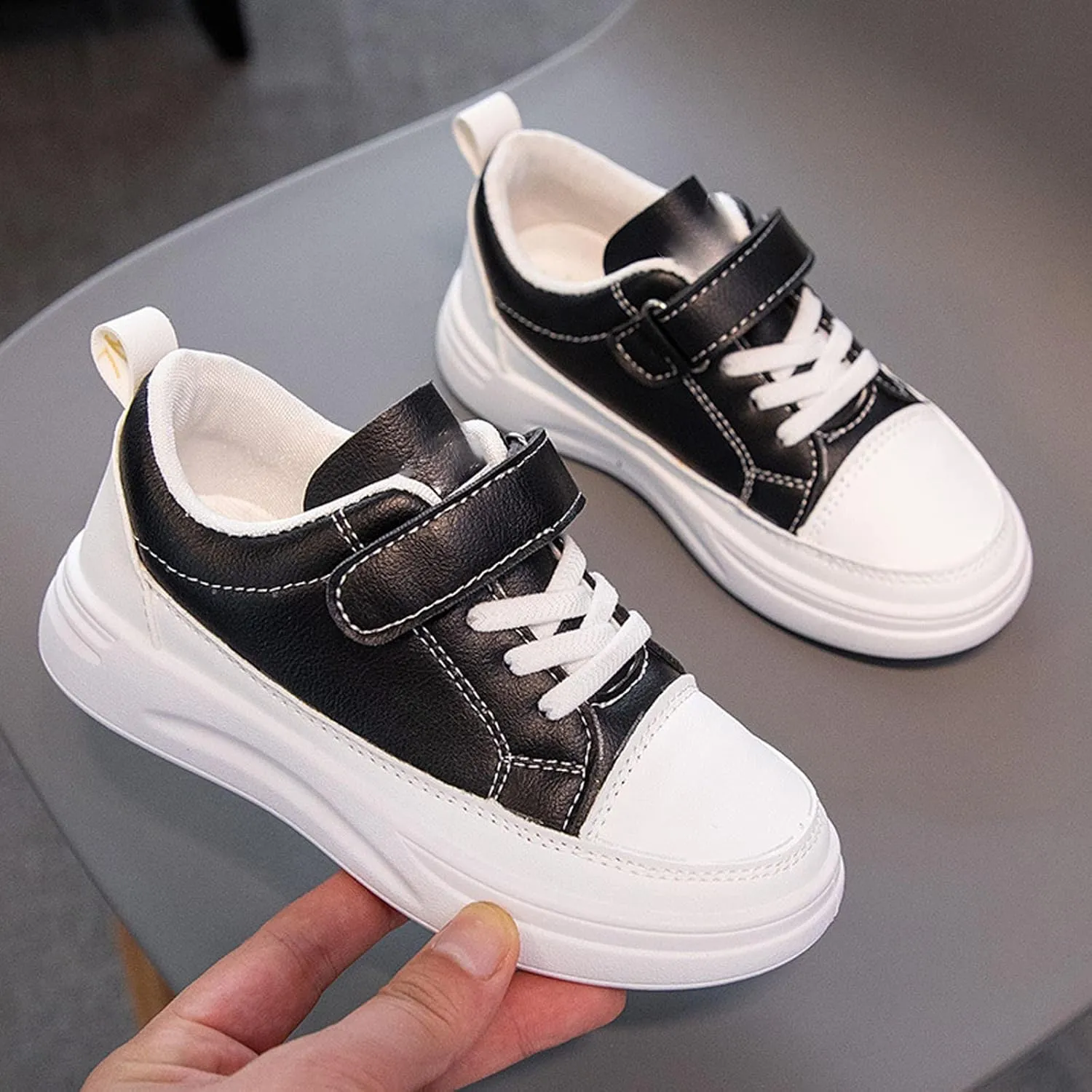 Girls Boys PU Leather Casual Sneakers Kids Tennis School Casual Walking Rubber Sole Non Slip Flat Shoes for Little Kid