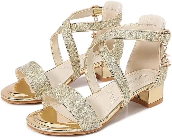 Girls Low Heel Chunky Sandals Wedding Dress Pumps Shoes