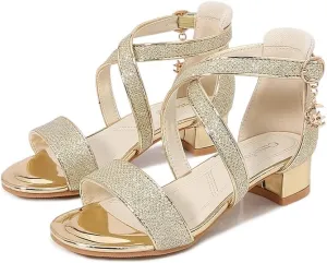 Girls Low Heel Chunky Sandals Wedding Dress Pumps Shoes