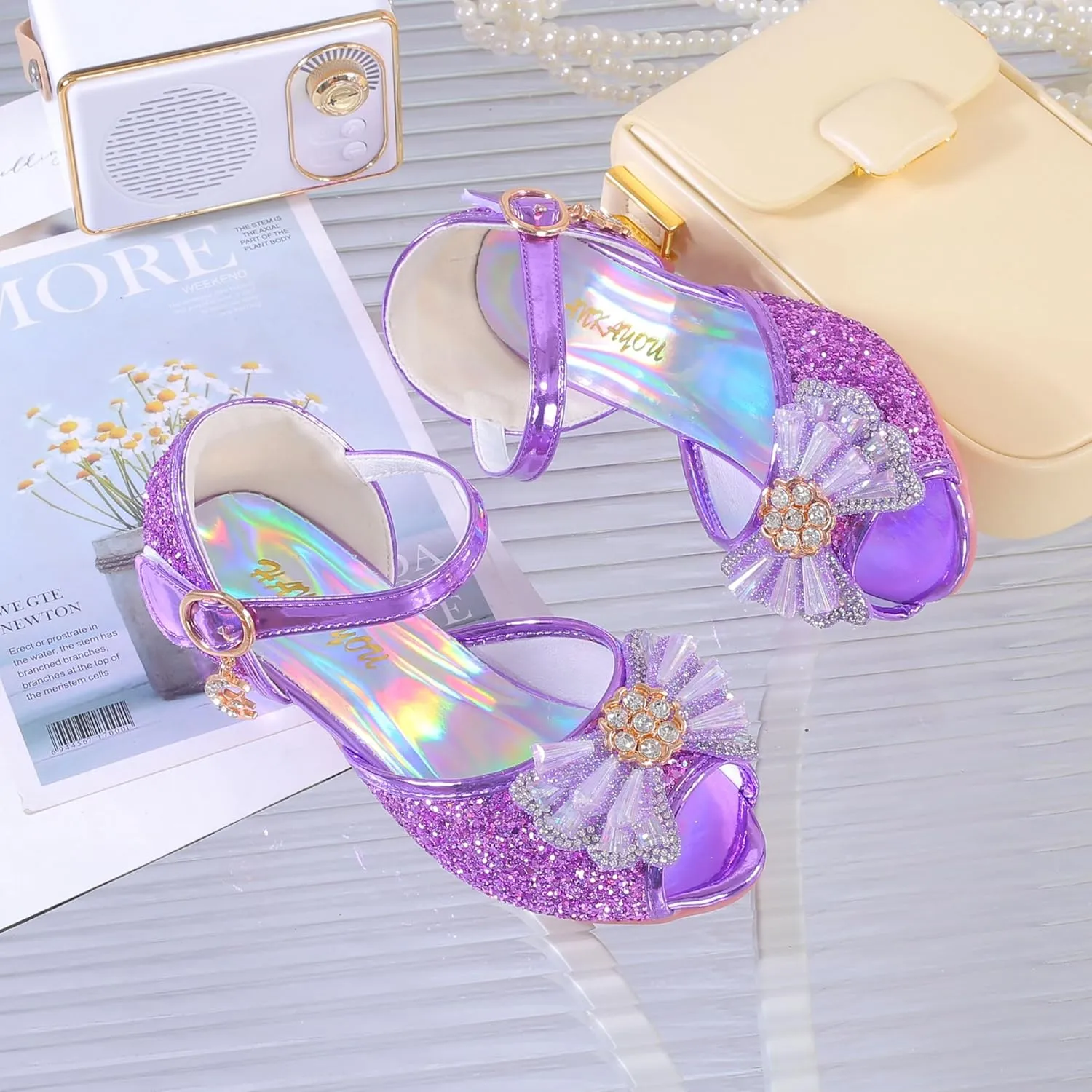 Girls Shoes Sparkle Mary Jane Low Heel Princess Flower Wedding Party Dress Shoes
