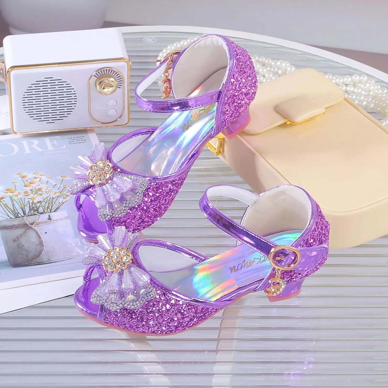 Girls Shoes Sparkle Mary Jane Low Heel Princess Flower Wedding Party Dress Shoes