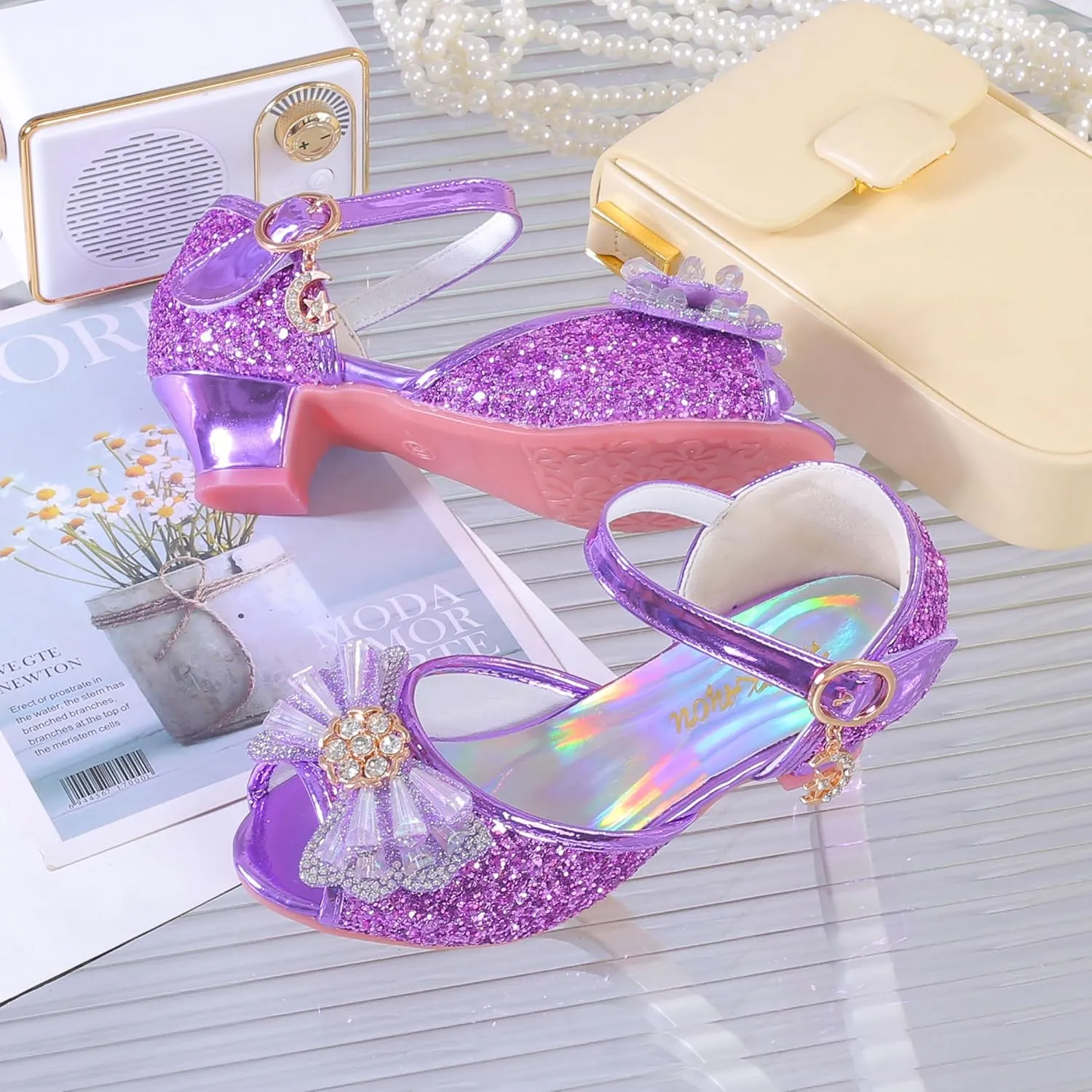 Girls Shoes Sparkle Mary Jane Low Heel Princess Flower Wedding Party Dress Shoes