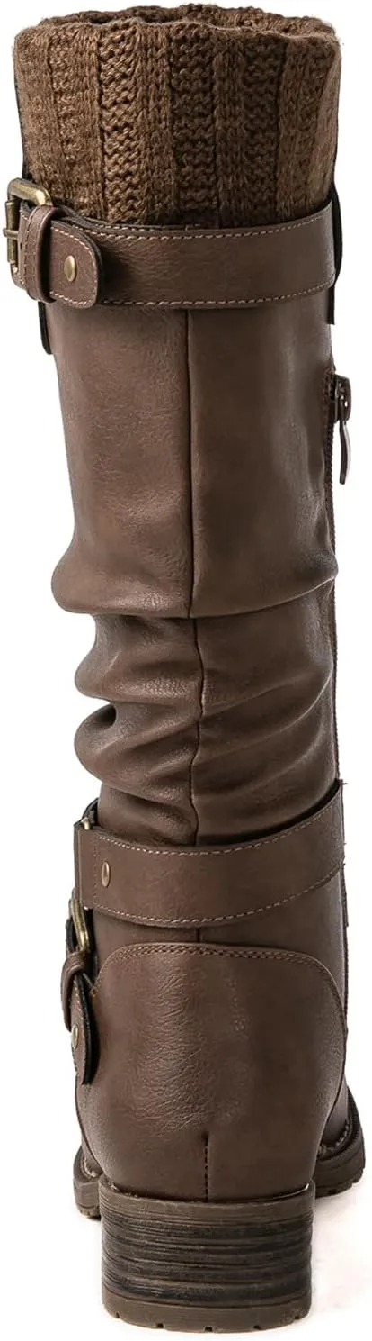 GLOBALWIN Women's Motorcycle Boots Mid Calf Boots Low Heels