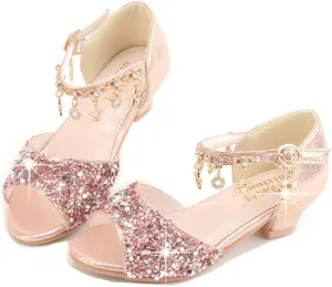 GOJERP Little Kids Girls Sandals Glitter Rhinestone Dress Pumps Sequins Princess Low Heels Party Dance Shoes (Pink, numeric_9)