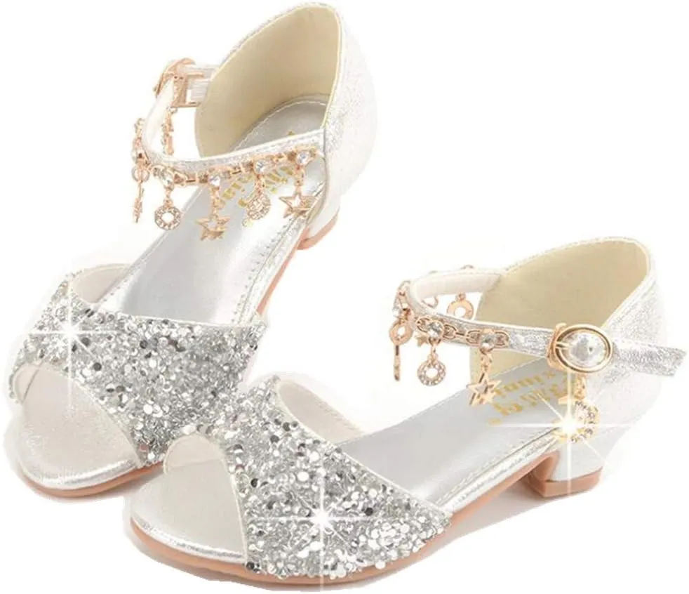 GOJERP Little Kids Girls Sandals Glitter Rhinestone Dress Pumps Sequins Princess Low Heels Party Dance Shoes (Silver, numeric_2)