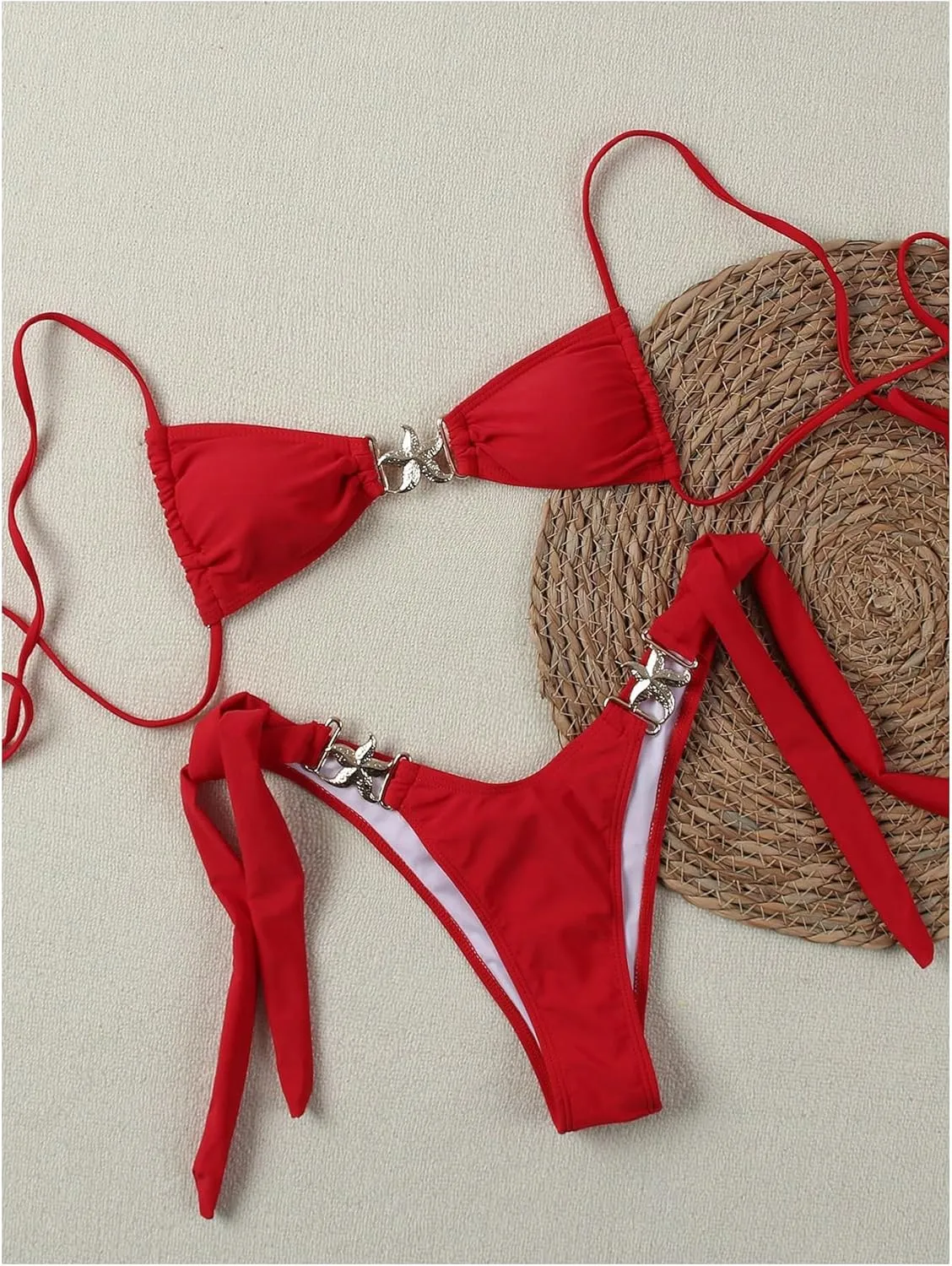 GORGLITTER Women's 2 Piece Thong Bikini Sets Ring Linked High Cut Swimsuits Tie Side Bathing Suit