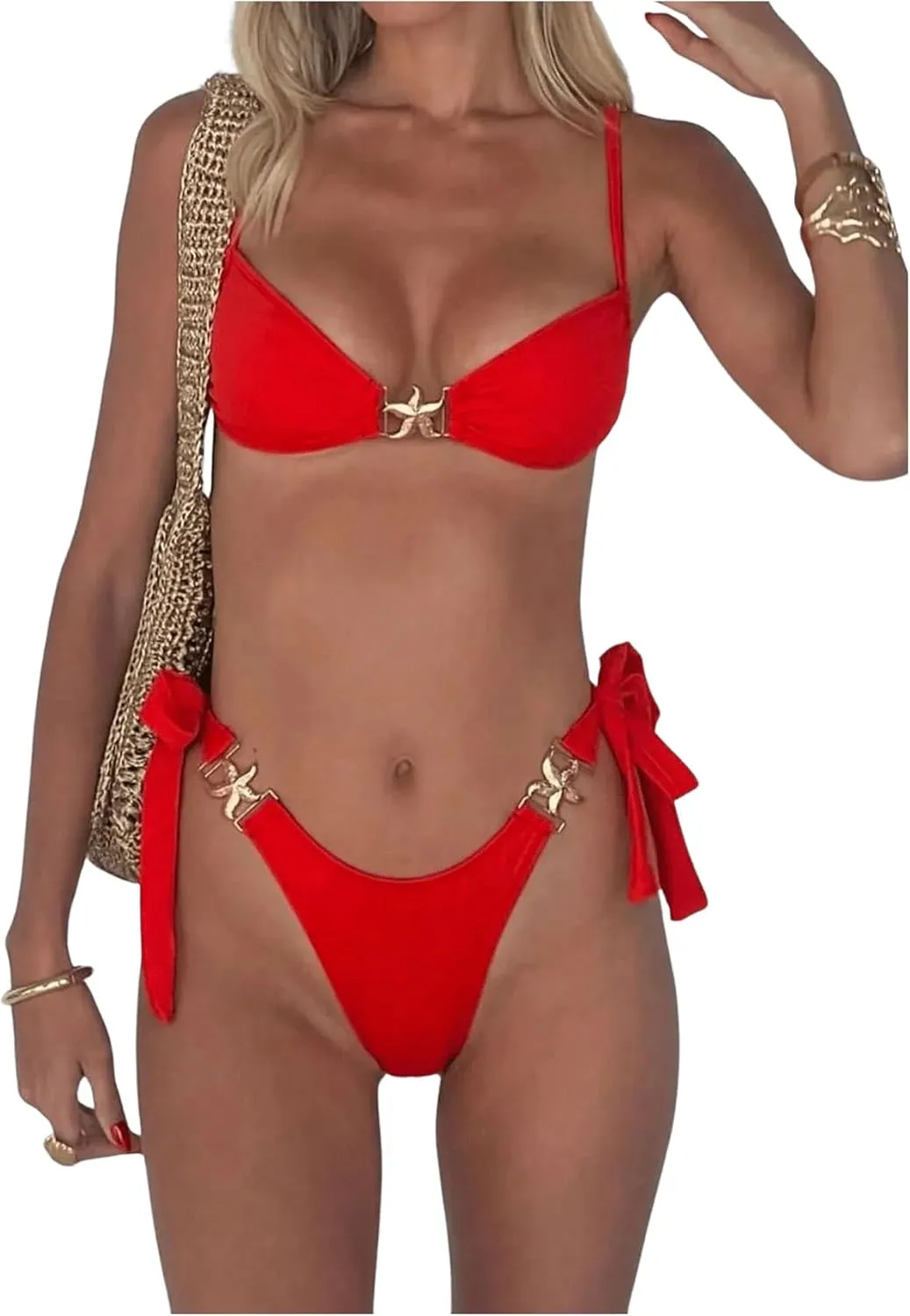 GORGLITTER Women's 2 Piece Thong Bikini Sets Ring Linked High Cut Swimsuits Tie Side Bathing Suit