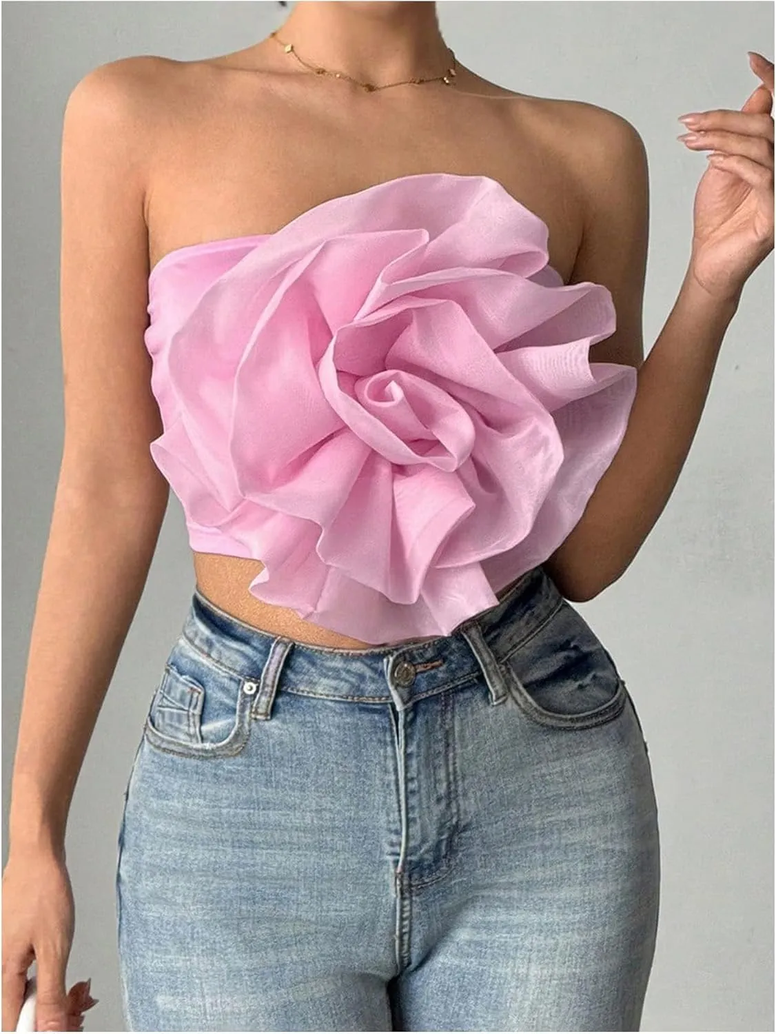 GORGLITTER Women's 3D Flower Crop Tube Top Strapless Bandeau Y2k Tops