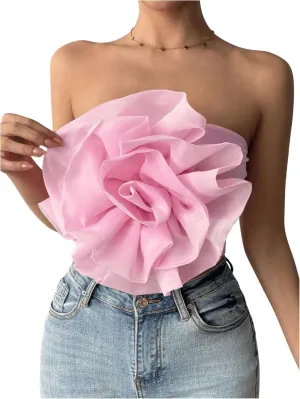 GORGLITTER Women's 3D Flower Crop Tube Top Strapless Bandeau Y2k Tops