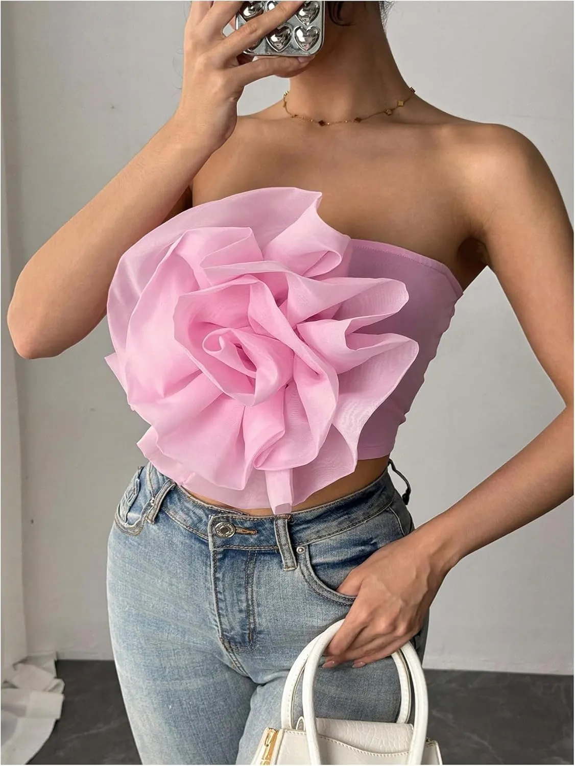 GORGLITTER Women's 3D Flower Crop Tube Top Strapless Bandeau Y2k Tops