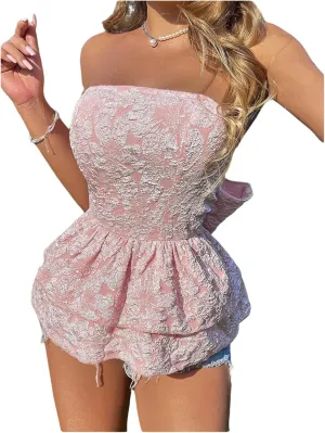 GORGLITTER Women's Floral Tube Top Bow Backless Strapless Bandeau Layered Ruffle Peplum Tops