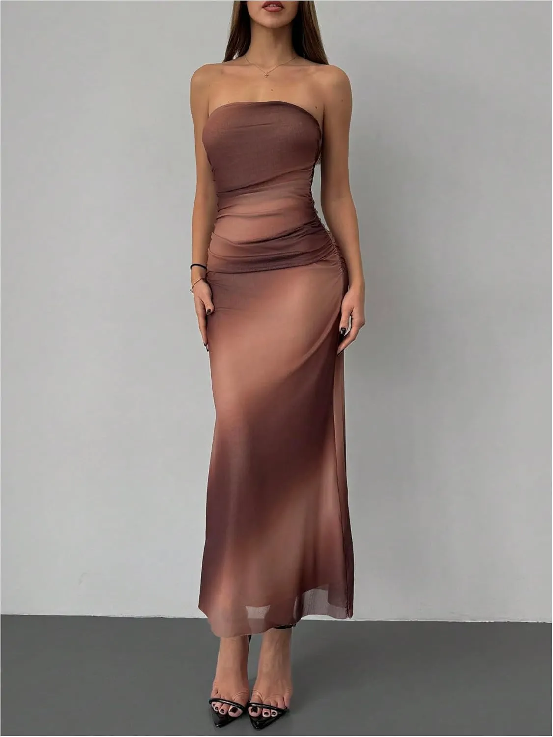 GORGLITTER Women's Mesh Strapless Ruched Bodycon Maxi Dress Wedding Guest Prom Cocktail Summer Y2k Long Tube Dresses