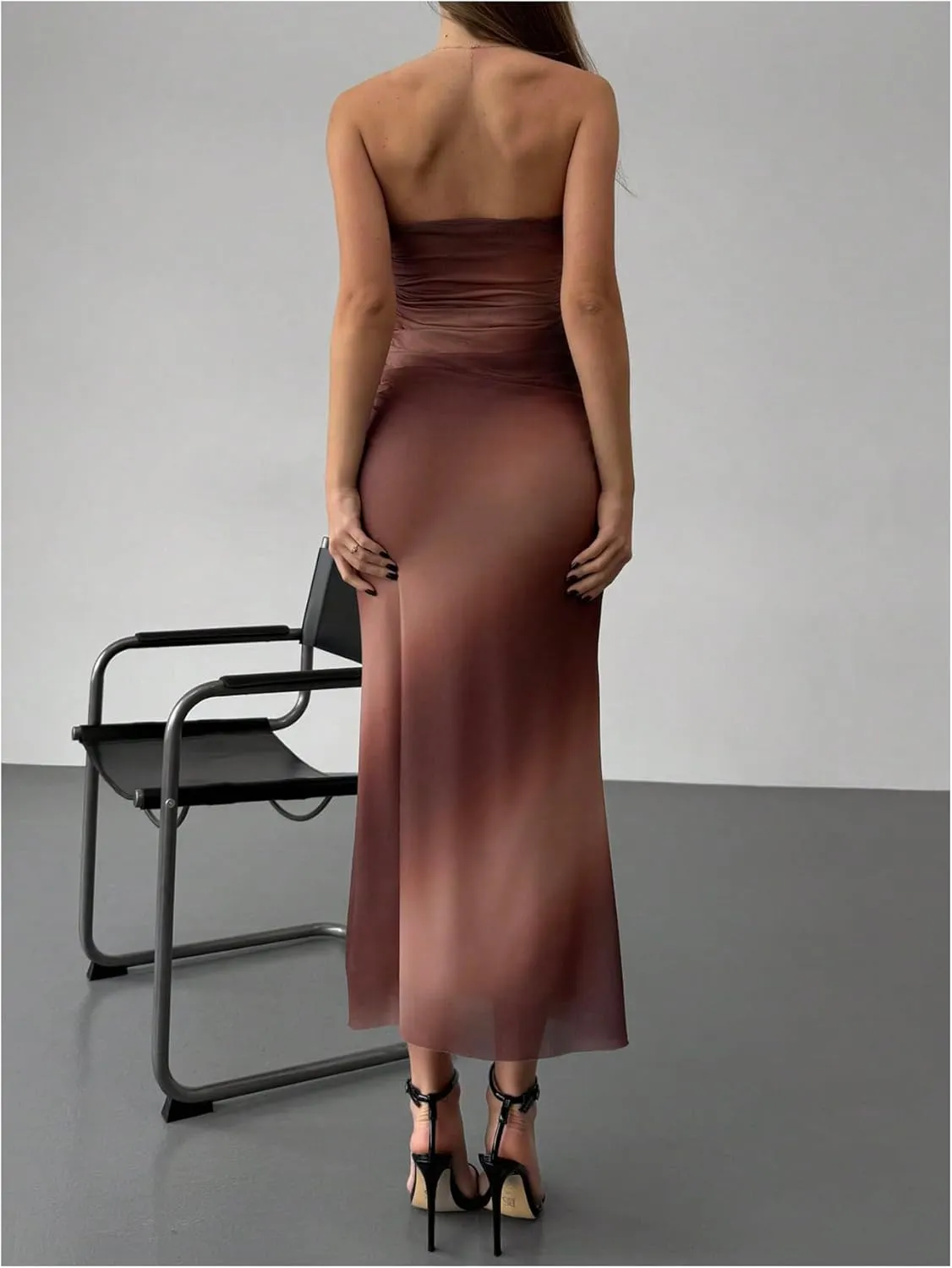 GORGLITTER Women's Mesh Strapless Ruched Bodycon Maxi Dress Wedding Guest Prom Cocktail Summer Y2k Long Tube Dresses