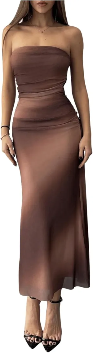 GORGLITTER Women's Mesh Strapless Ruched Bodycon Maxi Dress Wedding Guest Prom Cocktail Summer Y2k Long Tube Dresses