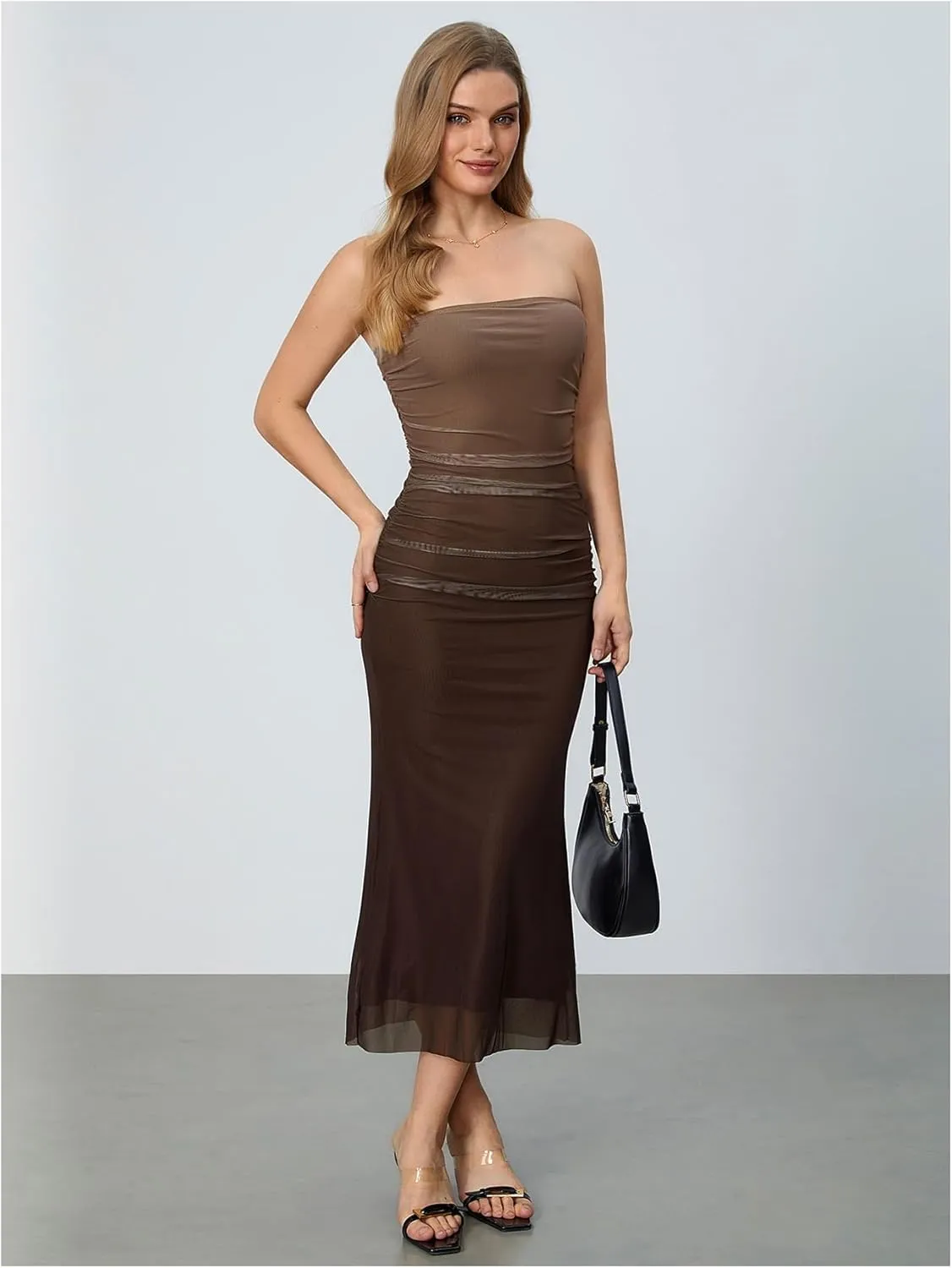 GORGLITTER Women's Mesh Strapless Ruched Bodycon Maxi Dress Wedding Guest Prom Cocktail Summer Y2k Long Tube Dresses
