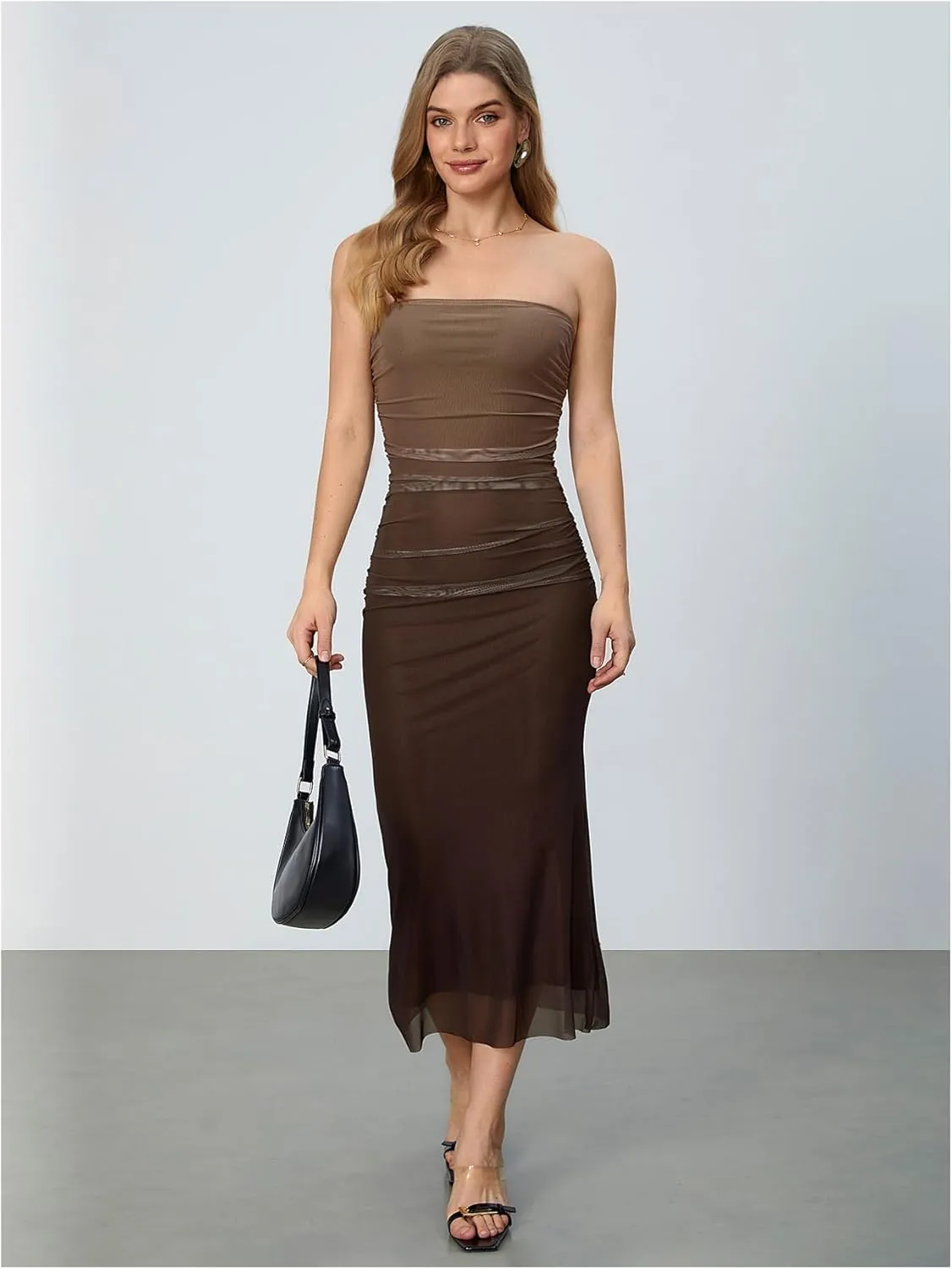 GORGLITTER Women's Mesh Strapless Ruched Bodycon Maxi Dress Wedding Guest Prom Cocktail Summer Y2k Long Tube Dresses