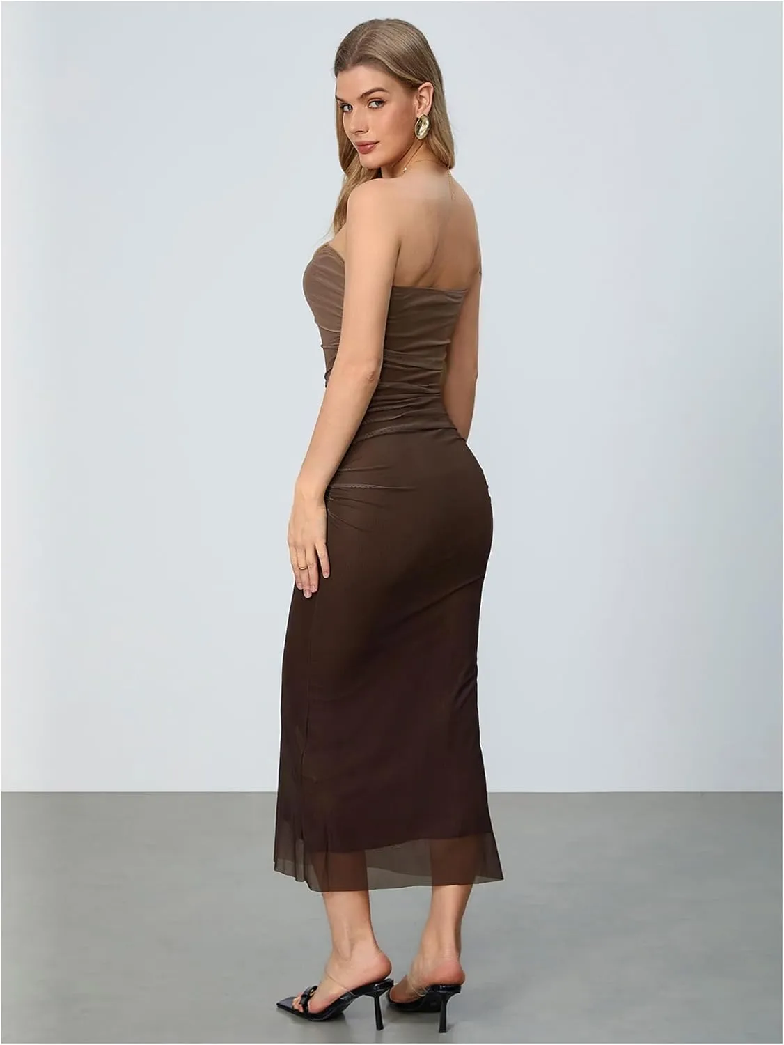 GORGLITTER Women's Mesh Strapless Ruched Bodycon Maxi Dress Wedding Guest Prom Cocktail Summer Y2k Long Tube Dresses