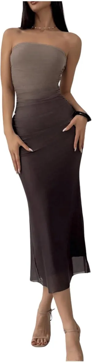 GORGLITTER Women's Mesh Strapless Ruched Bodycon Maxi Dress Wedding Guest Prom Cocktail Summer Y2k Long Tube Dresses
