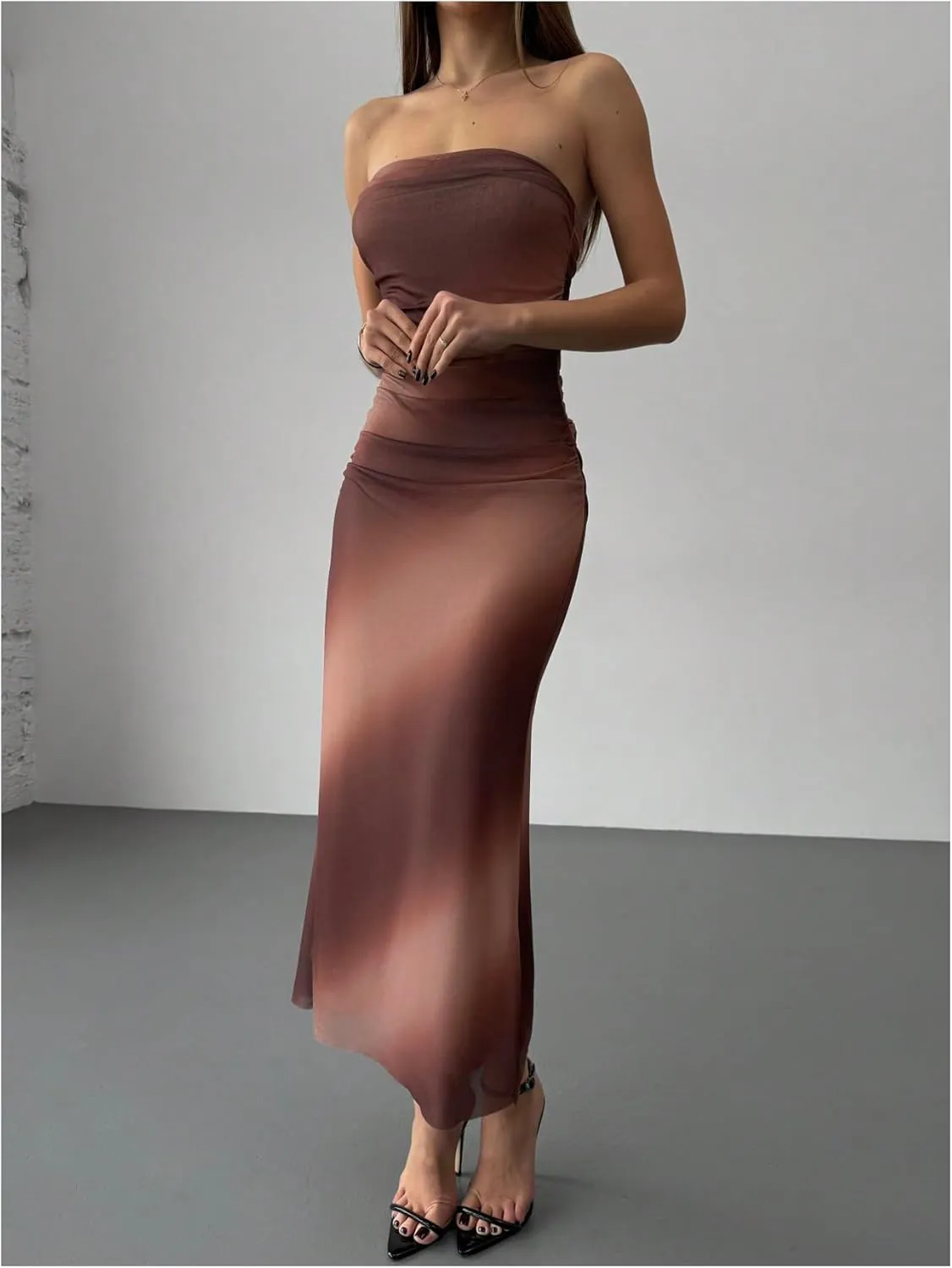 GORGLITTER Women's Mesh Strapless Ruched Bodycon Maxi Dress Wedding Guest Prom Cocktail Summer Y2k Long Tube Dresses