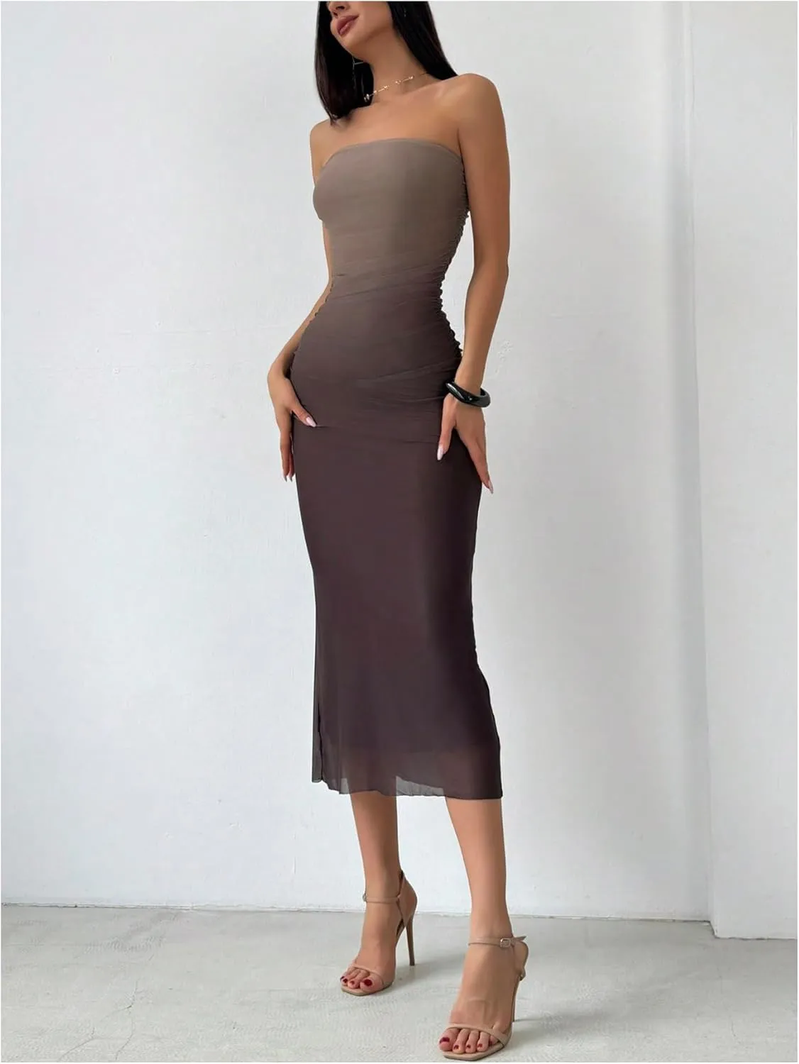 GORGLITTER Women's Mesh Strapless Ruched Bodycon Maxi Dress Wedding Guest Prom Cocktail Summer Y2k Long Tube Dresses
