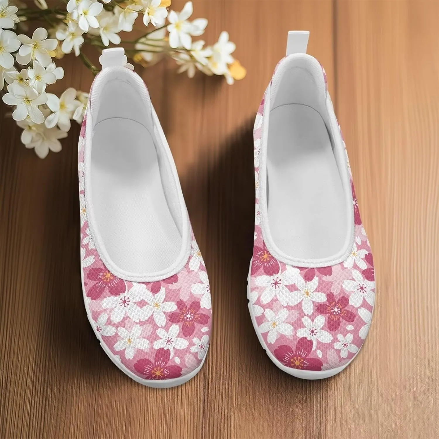 GOSTONG Women's Flowers Print Flats Mesh Shoes Slip On Round Toe Casual Loafers Lightweight Comfort Walking Travel Shoes White Sole Size 6-11