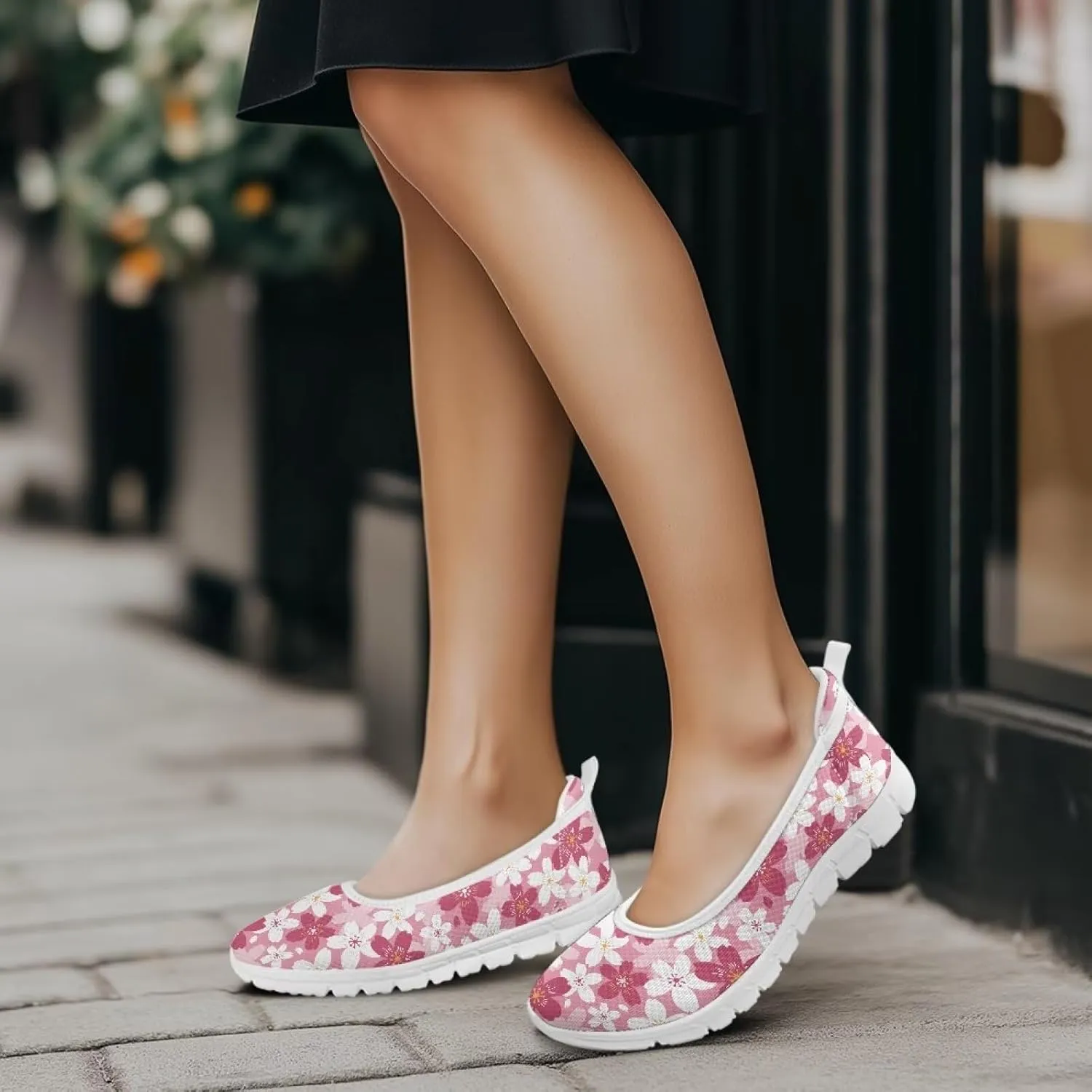 GOSTONG Women's Flowers Print Flats Mesh Shoes Slip On Round Toe Casual Loafers Lightweight Comfort Walking Travel Shoes White Sole Size 6-11