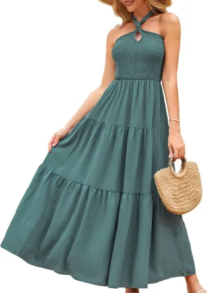 GRACE KARIN Women's Halter Neck Dresses 2024 Sleeveless Smocked Backless Cut Out Flowy Maxi Dress