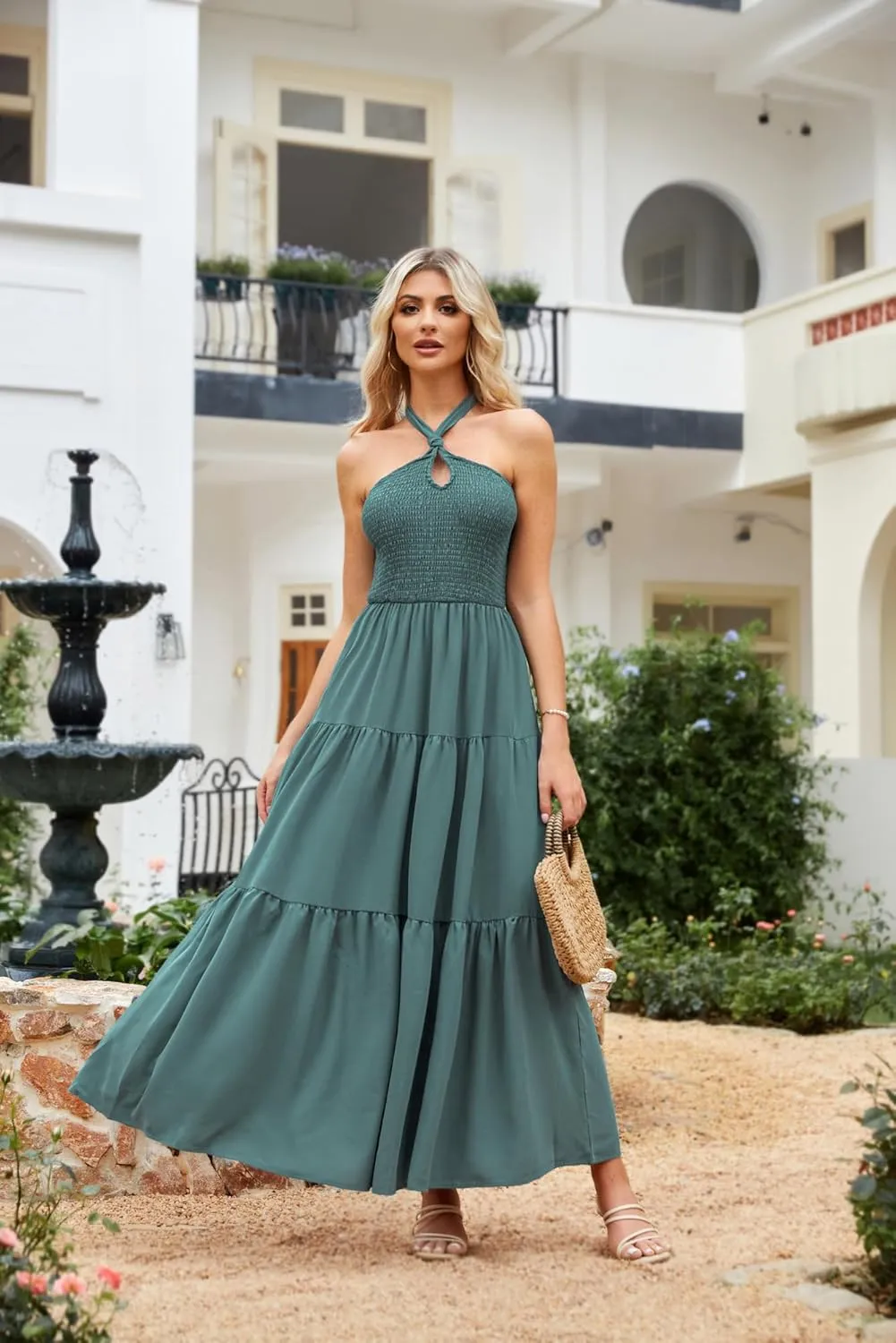 GRACE KARIN Women's Halter Neck Dresses 2024 Sleeveless Smocked Backless Cut Out Flowy Maxi Dress