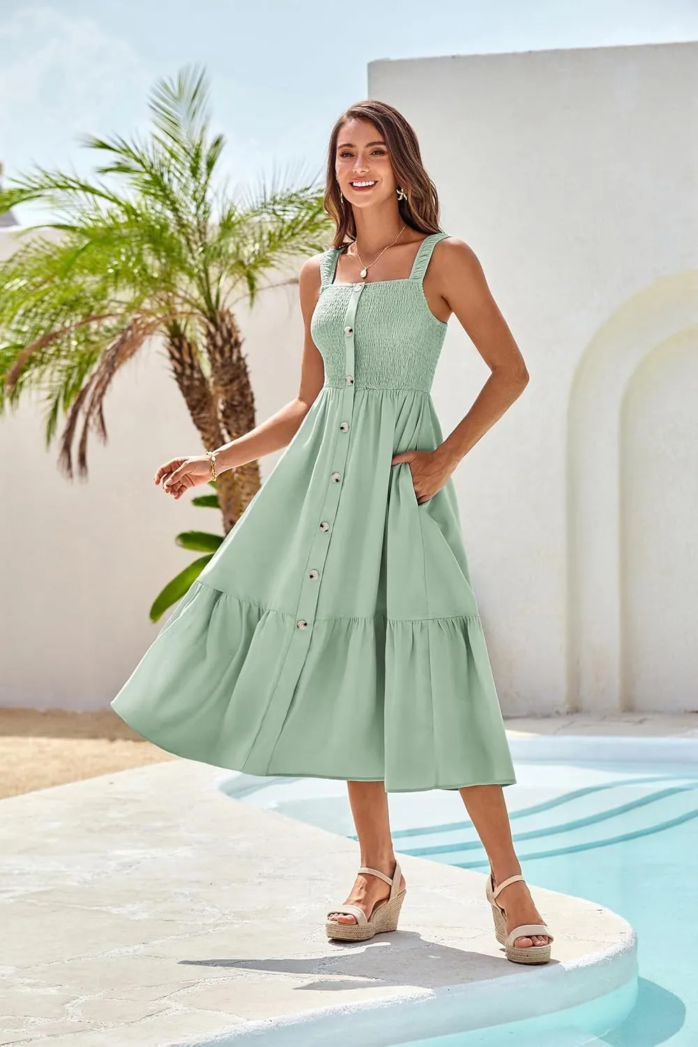 GRACE KARIN Womens Summer 2025 Midi Dress Spaghetti Strap Smocked Button Casual A Line Long Beach Flowy Sun Dresses Pockets